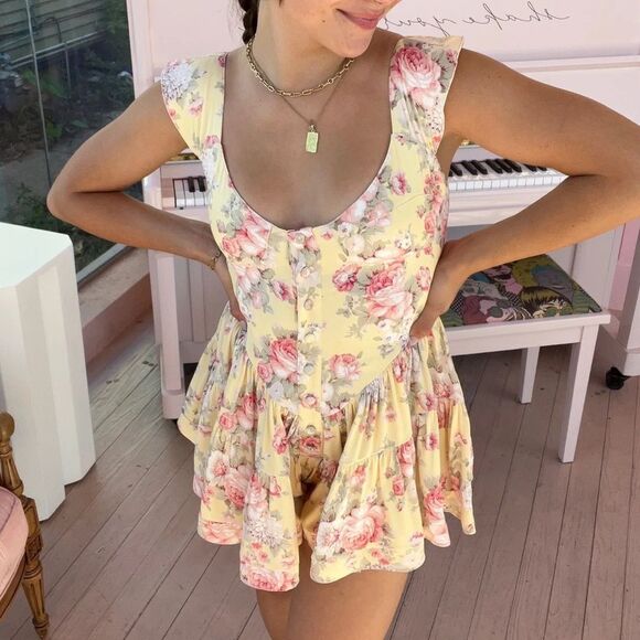 Vanessa Mooney Floral The Elisabeth Bustier Romper Butter Yellow Rose L NEW - Picture 3 of 16